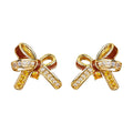 Gold Bow Stud Earrings Wine Enamel Clear and Amber CZ view 5