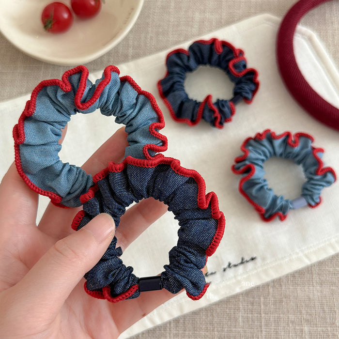 Light Blue Denim Red Ruffle Edge Scrunchie Hair Tie