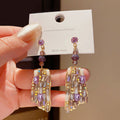Purple Rectangular Crystal Drop Earrings with Reflective Details view 4