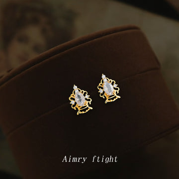 Gold Openwork Crown Marquise Crystal Stud Earrings Pair