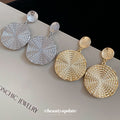Textured Round Disc Drop Earrings In Two Metal Tones view 3