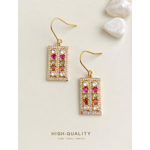 Gold Multicolor Crystal Rectangle Frame Fishhook Drop Earrings