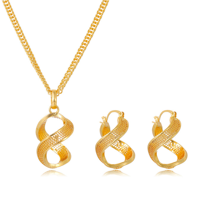 Gold Tone Gold Infinity Loop Geometric Metal Necklace and Earring Set