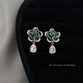 Teal Enamel Camellia Flower Pearl Border Teardrop Zircon Earrings view 4