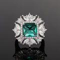 Oversized Green Square Stone Floral Cluster Ring In Silver Tone view 3