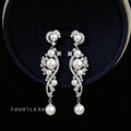 Silver Pearl Crystal Vine Swirl Long Drop Earrings view 1