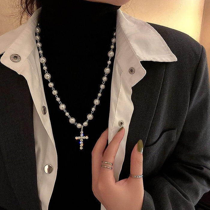 White Beaded Cross Pendant Necklace With Silver Tone Chain