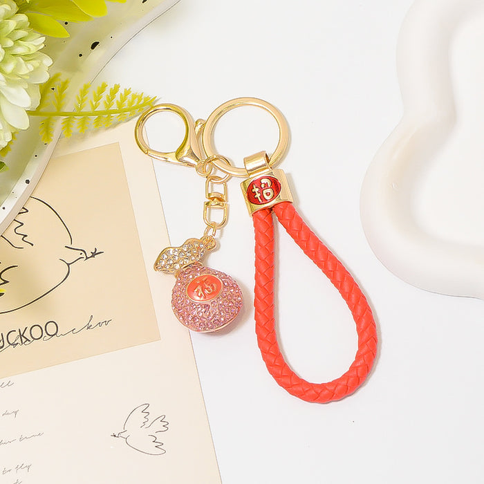Rhinestone Fu Lucky Bag Keychain Gold Metal Charm Cord Options