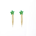 Green Flower Gold Chain Extra Long Tassel Stud Earrings view 5
