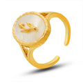 Gold Copper Open Ring White Shell Face With Tulip Motif view 5