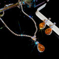 Silver Amber Teardrop Rhinestone Necklace Earring Set view 6