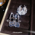 Silver Tone Feather and Blue Flower Stud Earrings Jewelry Pair view 3