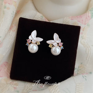 Gold-Tone Butterfly Earrings with Glass Pearl and Color Stones