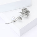 Crystal Rose Stem Brooch Pearl Accent Gold and Silver view 3