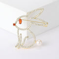 Gold Outline Rabbit Brooch Clear Rhinestones Pearl Tail view 6