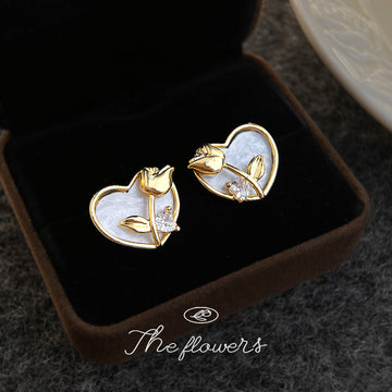 Gold Heart Stud Earrings White Shell Tulip CZ Accent