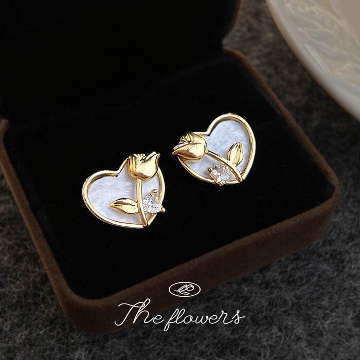 Gold Heart Stud Earrings White Shell Tulip CZ Accent