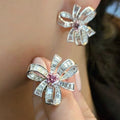 Pink Crystal Petal Flower Stud Earrings in Silver Tone view 1