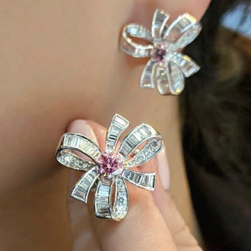 Pink Crystal Petal Flower Stud Earrings in Silver Tone