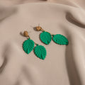 Matte Green Double Leaf Drop Earrings Camel Round Studs view 4