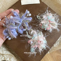 Yarn Flower and Faux Pearl Earrings in Pink and Lavender view 2