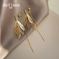 Gold Openwork Wing Long Chain Drop Earrings Dual Panel view 3