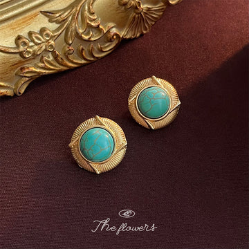 Gold Geometric Turquoise Round Stud Earrings Ribbed