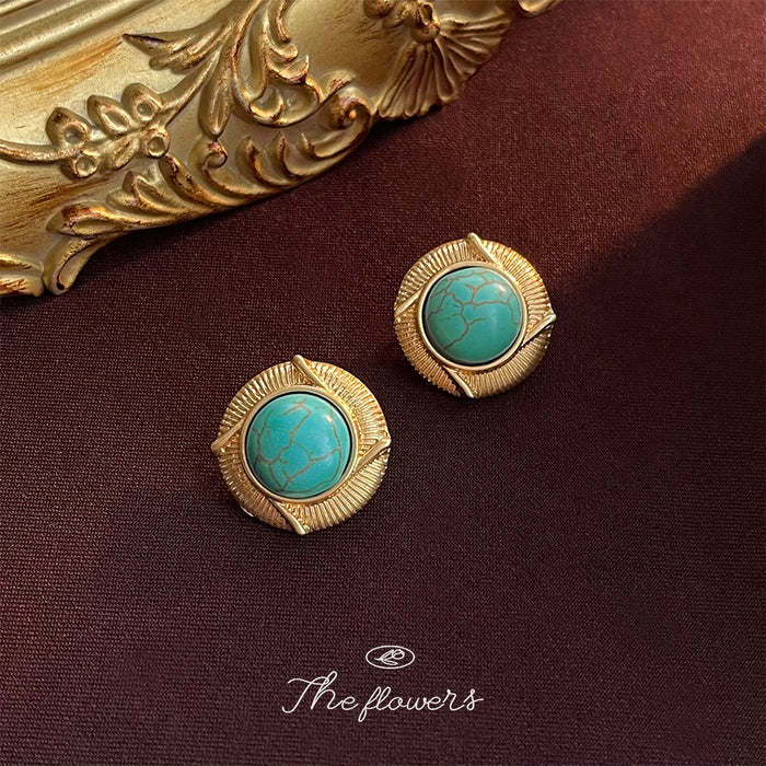 Gold Geometric Turquoise Round Stud Earrings Ribbed