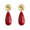 Gold Hammered Disc Wine Red Teardrop Drop Earrings view 5
