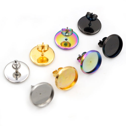 Round Bezel Stud Earring Settings in Four Polished Finishes — grouped product view