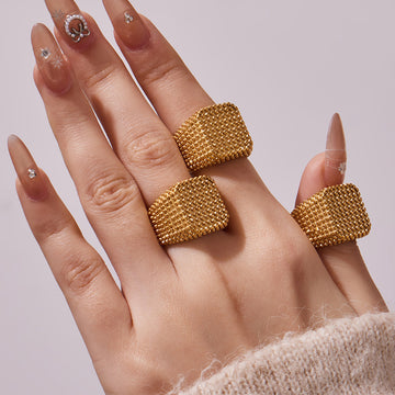 Wide Beaded Texture Square Signet Stainless Steel Ring