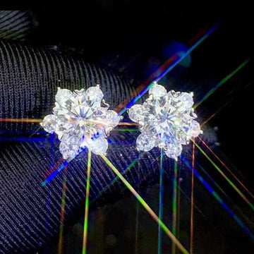 Silver Tone Clear Crystal Flower Snowflake Stud Earrings