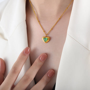 Gold Heart Green Cat Eye Black Glass Pendant Necklace Stud Earrings
