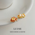 Gold Asymmetric Orange Persimmon Pearl Leaf Stud Earrings view 4