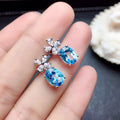 Silver Aqua Blue Oval CZ Flower Dangle Stud Earrings view 2