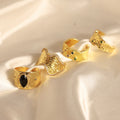 Gold Textured Open Rings Bark Wave Vertical Black Stone view 2