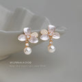 Gold Tone Translucent White Flower Pearl Drop Stud Earrings view 4