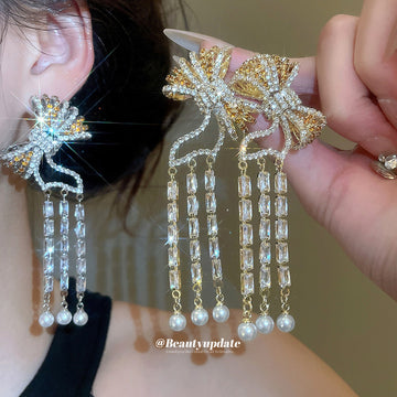 Crystal Bow Pearl Tassel Statement Drop Earrings Fashion Jewelry