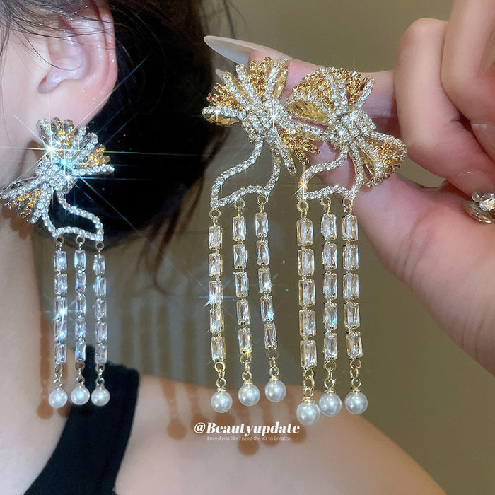 Crystal Bow Pearl Tassel Statement Drop Earrings Fashion Jewelry