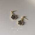 Gold Ball Post Black Enamel Camellia Drop Stud Earrings view 6