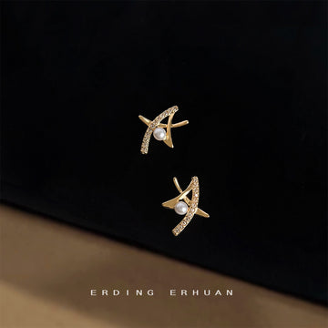Gold-Tone Abstract Star Pearl Zirconia Stud Earrings