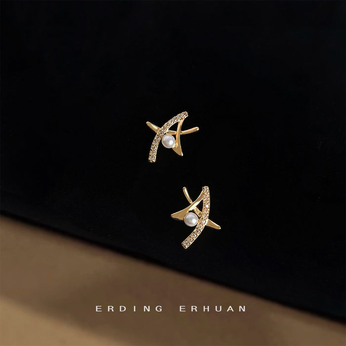 Gold-Tone Abstract Star Pearl Zirconia Stud Earrings