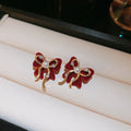 Red Flocked Bow Stud Earrings with Crystal Borders view 2