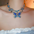 Silver Blue Enamel Rhinestone Butterfly Choker Necklace view 1