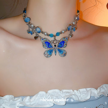 Silver Blue Enamel Rhinestone Butterfly Choker Necklace