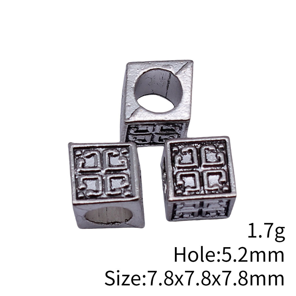 7.8x7.8x7.8mm 1.7g Antique Silver Zinc Alloy Cube Floral Pattern Large Hole Spacer Beads for Bracelet Making