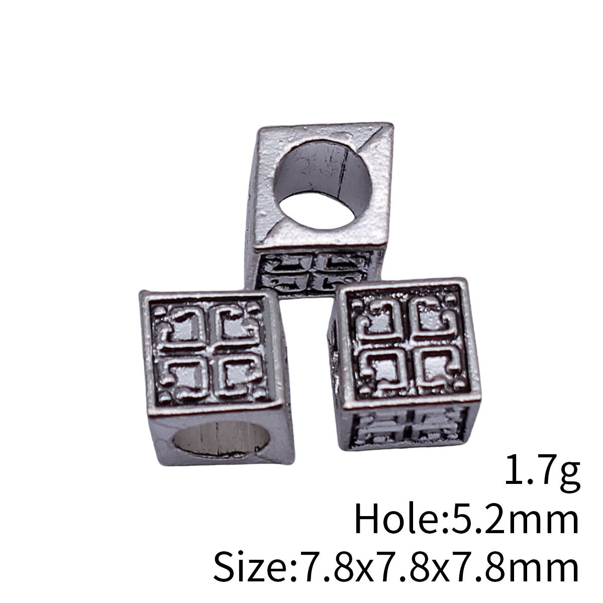 7.8x7.8x7.8mm 1.7g Antique Silver Zinc Alloy Cube Floral Pattern Large Hole Spacer Beads for Bracelet Making