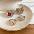 Gold Textured Heart Open Ring Four Piece Red Amber Set view 3