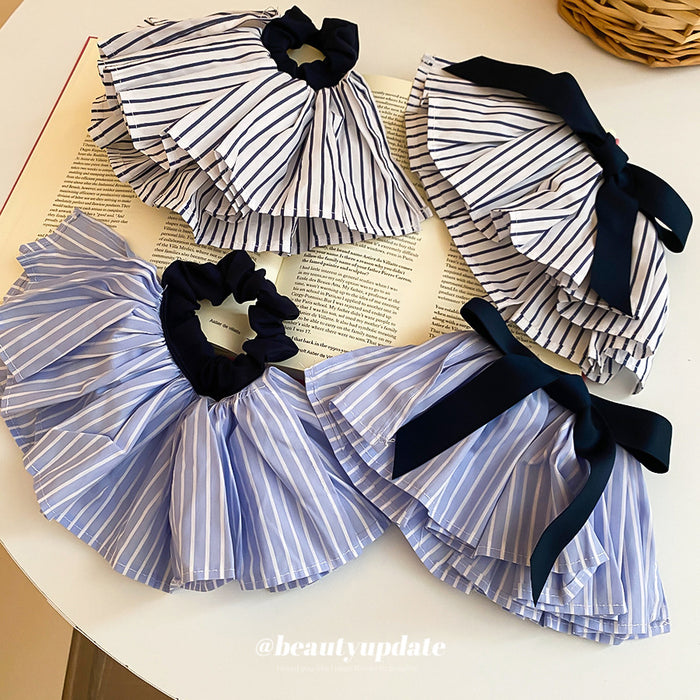 Striped Fabric Fan Scrunchies and Navy Bow Hair Clips