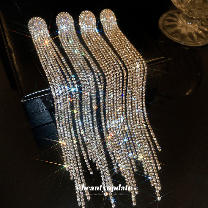 Long Crystal Fringe Statement Earrings in Gold and Silver Tones